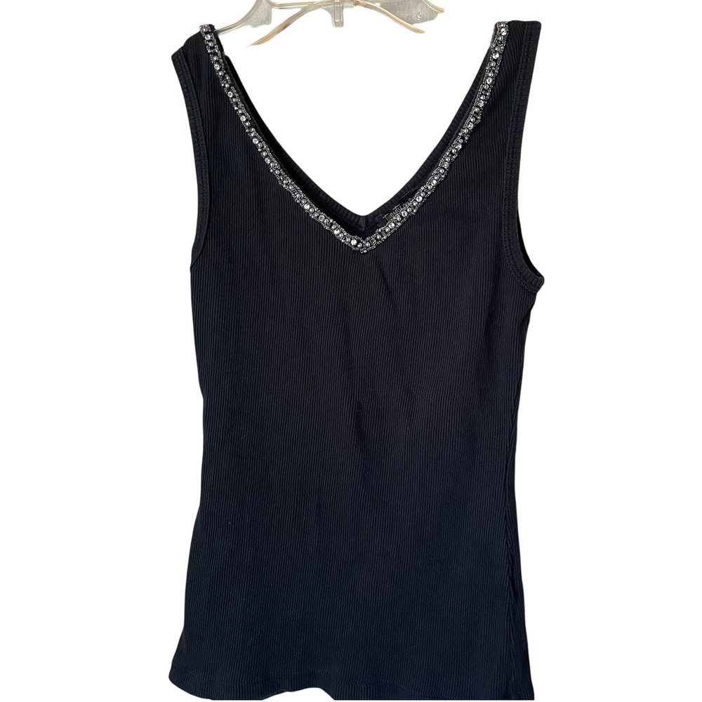 Vintage Y2K Black Ribbed Tank Top with Rhinestone Embellished Neckline, S